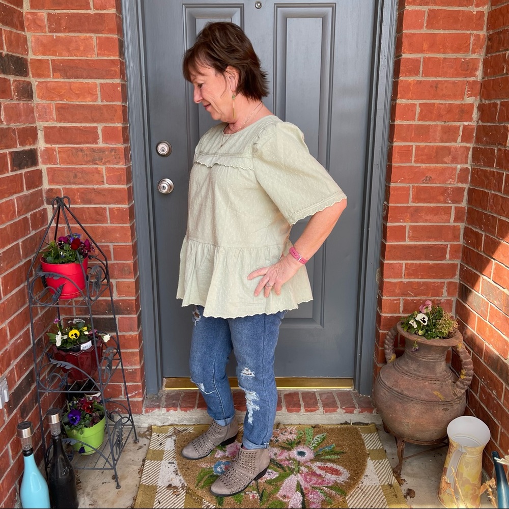 Sage Green Swiss Dotted Texture Cotton Scalloped Top Lurex Woven Detail S M L XL - Picture 11 of 14